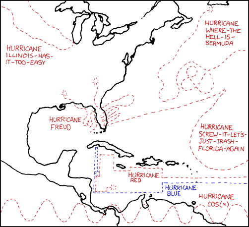 comic strip theorizing upcoming hurricane names and paths